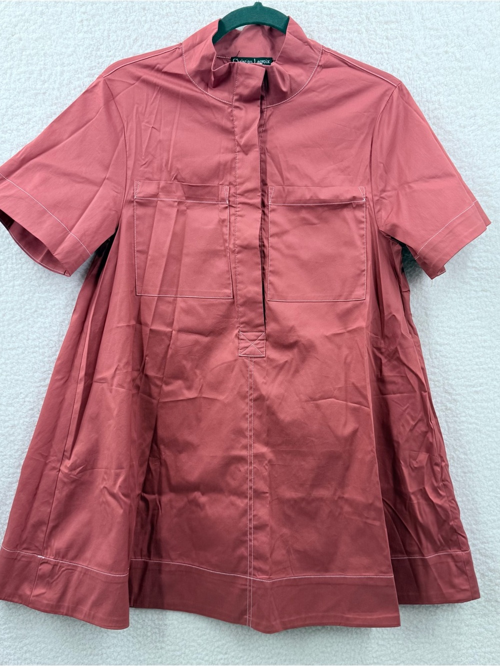 Christian Lacroix Contrast Stitch A-Line Mini Dress XS Brown Mock Neck Buttons